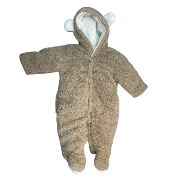 Cozy Brown/ white One Piece reversible with Footies and Hoodie Size: 3-6m - Picture 1 of 6